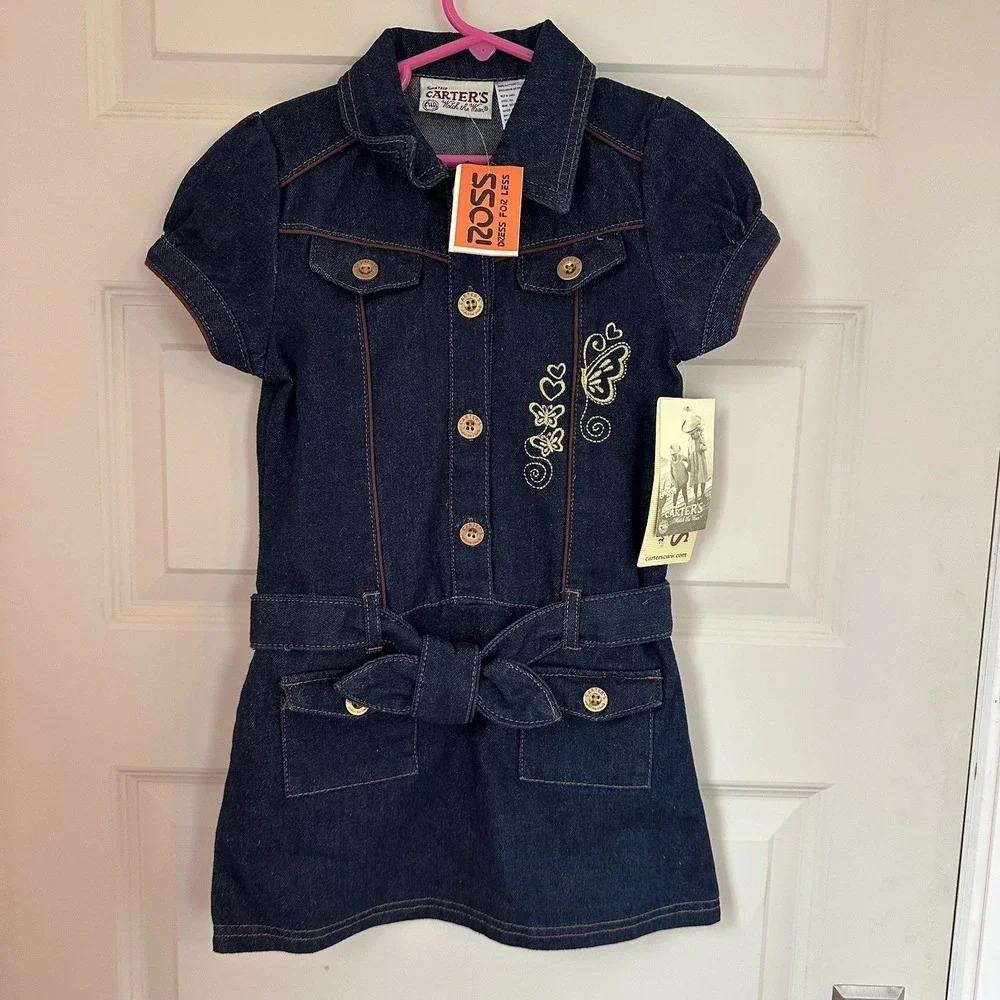 NWT Carter's Watch‎ The Wear Vintage Dark Denim Dress Girls Size 6X Butterflies